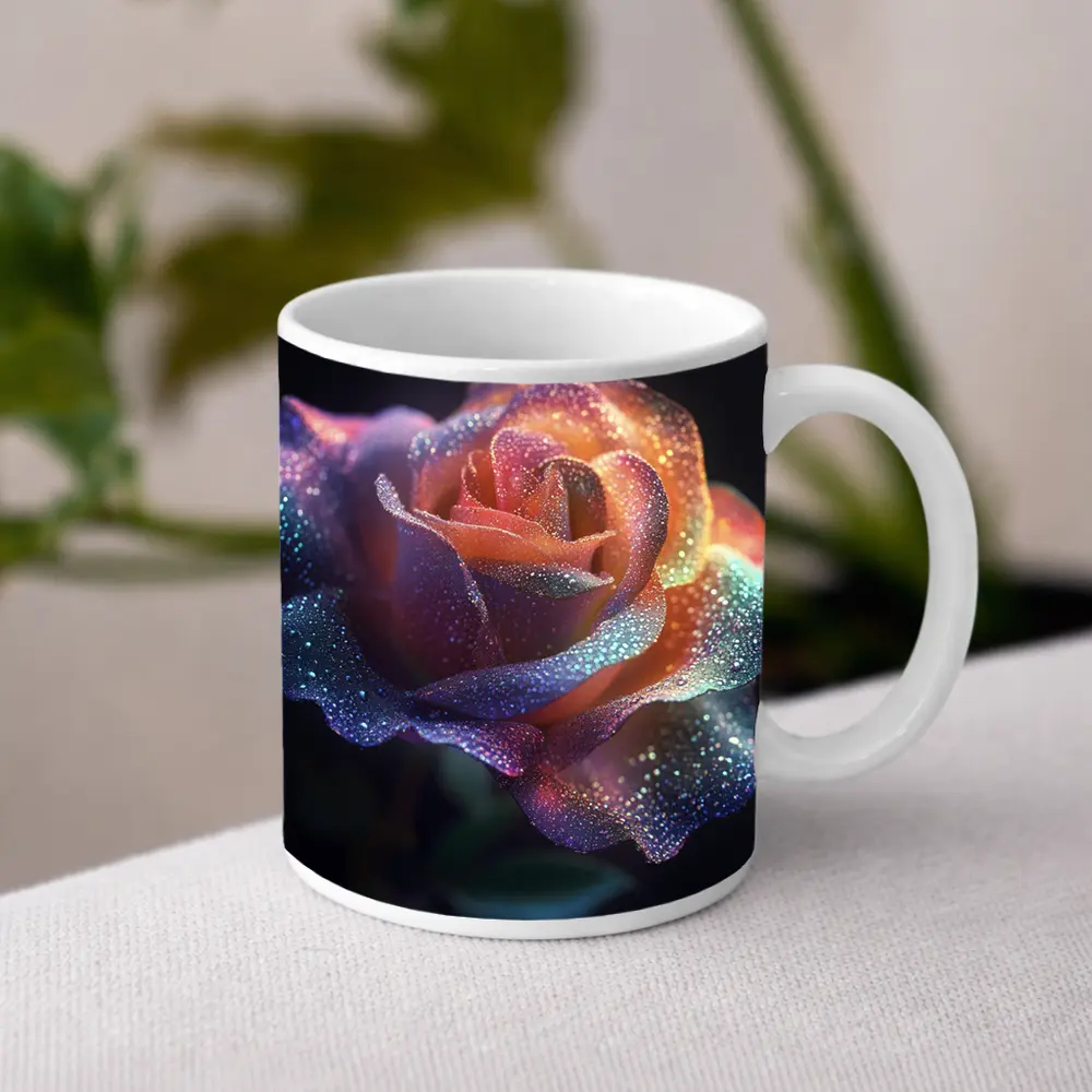 Glittery Rainbow Rose on Dark Background – Mugs