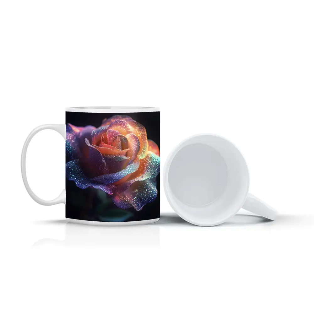 Glittery Rainbow Rose on Dark Background – Mugs