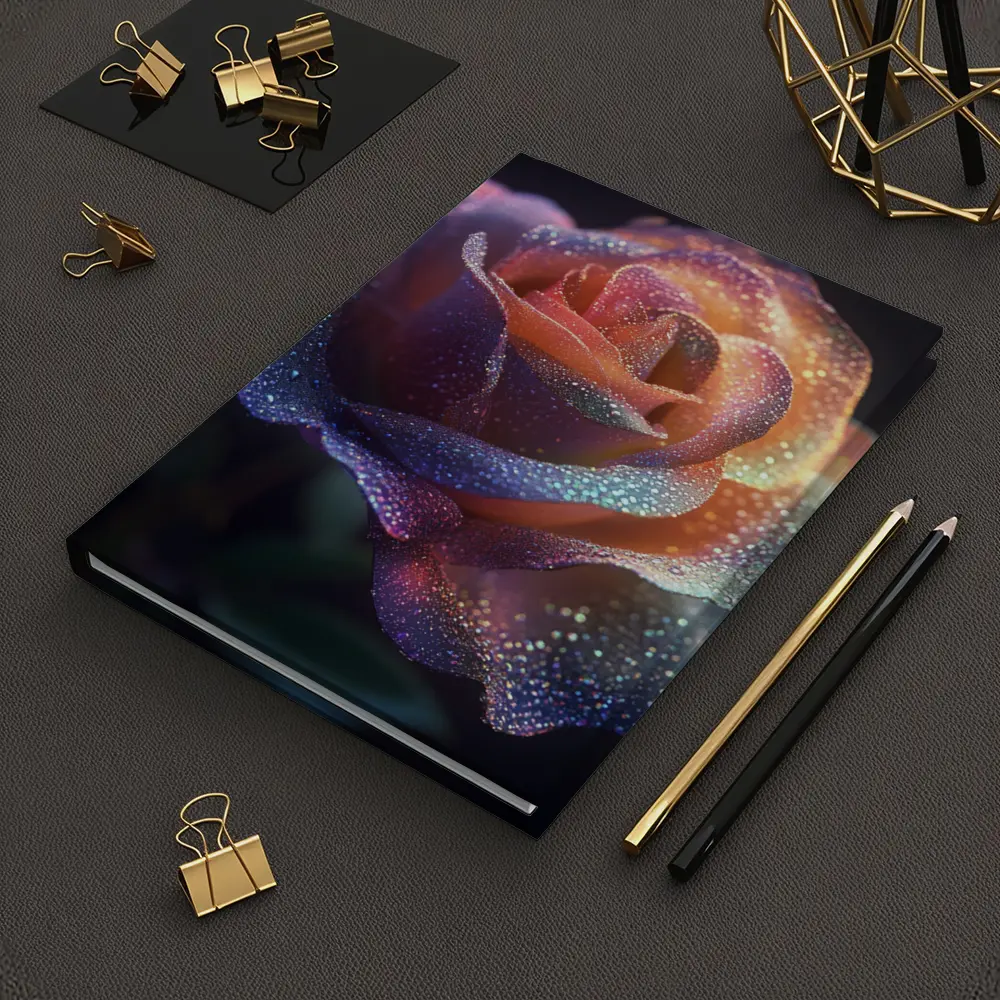 Glittery Rainbow Rose on Dark Background – Notebooks