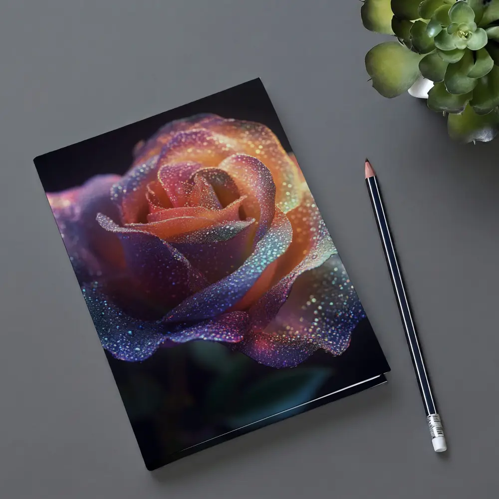 Glittery Rainbow Rose on Dark Background – Notebooks