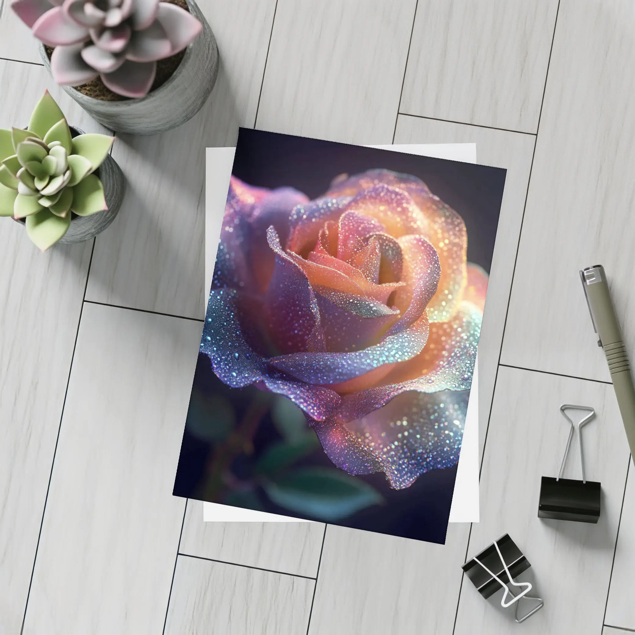 Glittery Rainbow Rose on Dark Background – Postcards