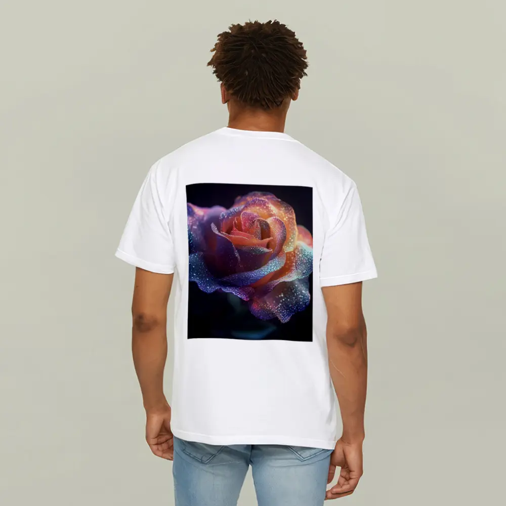Glittery Rainbow Rose on Dark Background – T-Shirts
