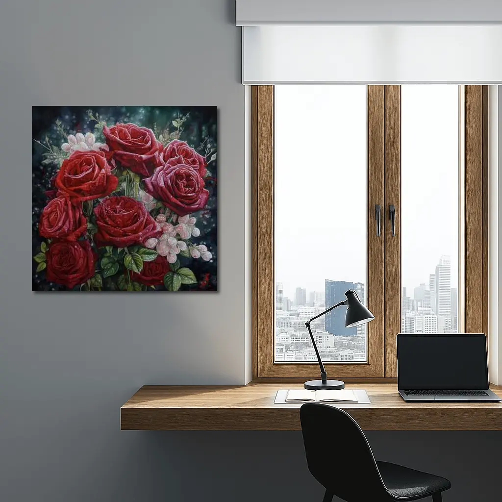 Red Roses Bouquet Dark Moody Floral Painting – Wall Art