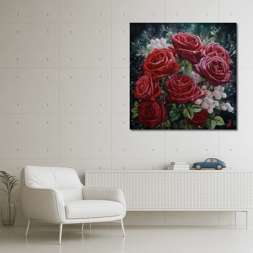 Red Roses Bouquet Dark Moody Floral Painting – Wall Art