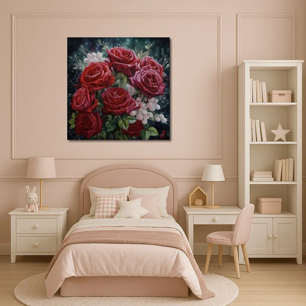 Red Roses Bouquet Dark Moody Floral Painting – Wall Art