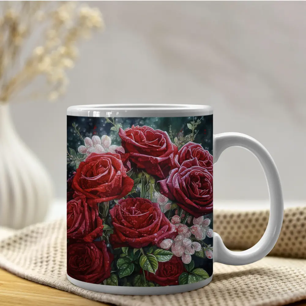Red Roses Bouquet Dark Moody Floral Painting – Mugs