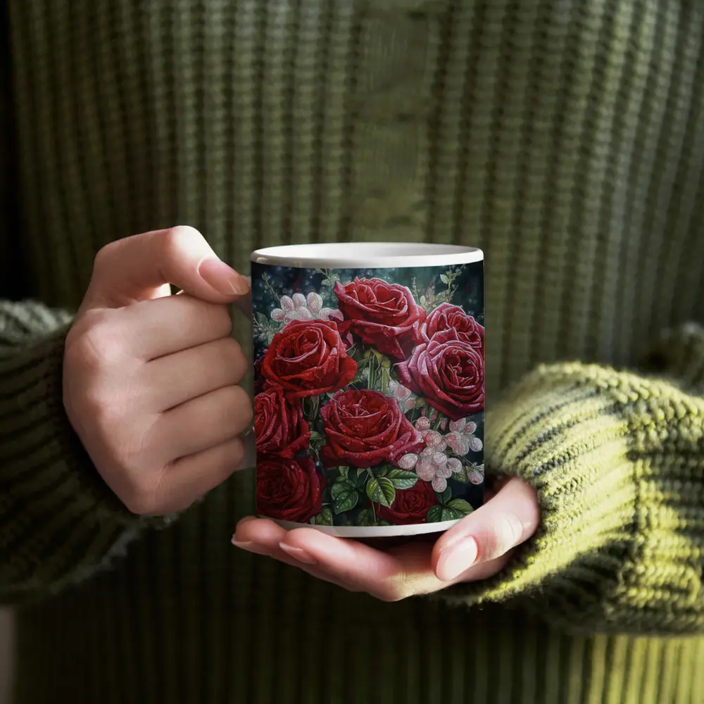 Red Roses Bouquet Dark Moody Floral Painting – Mugs