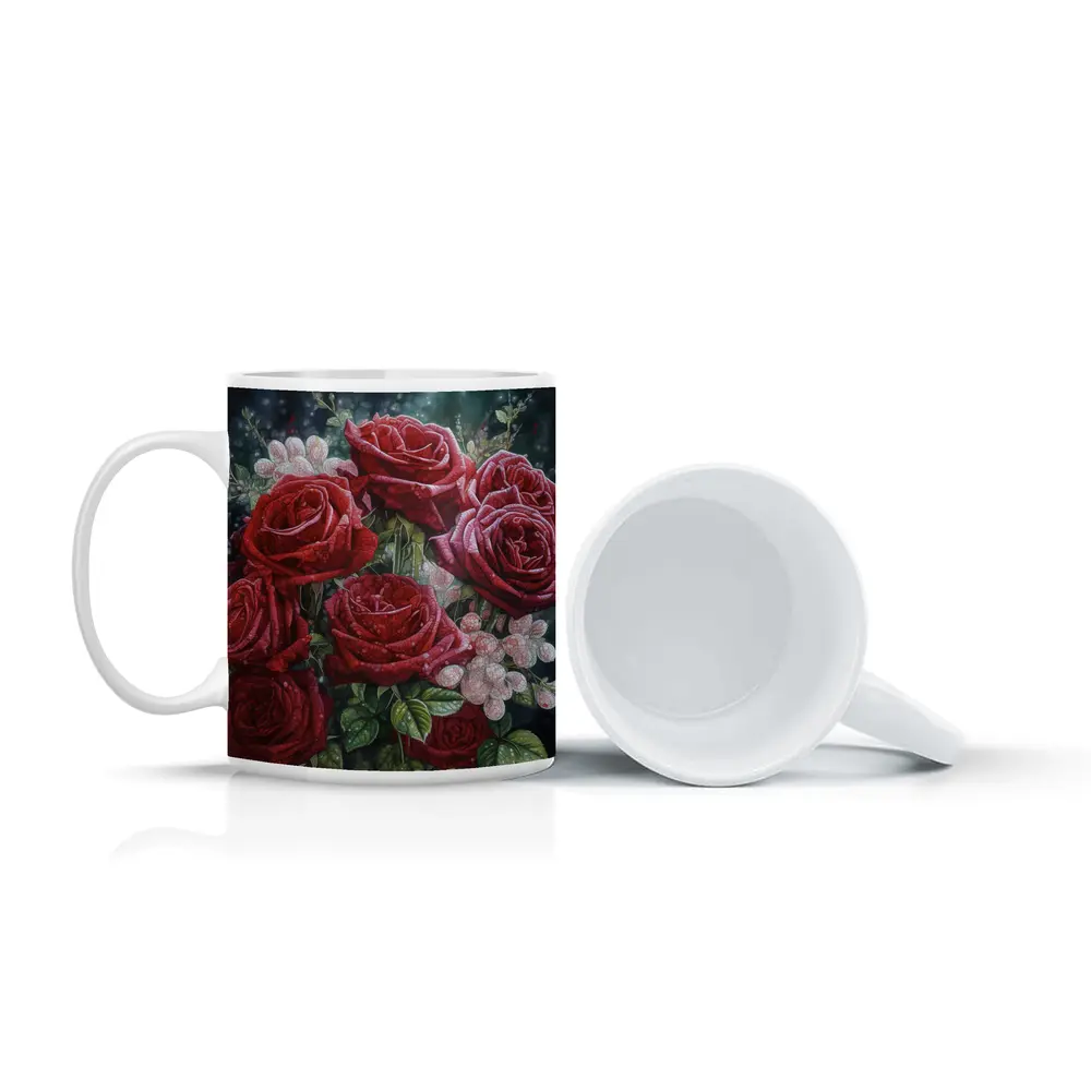 Red Roses Bouquet Dark Moody Floral Painting – Mugs