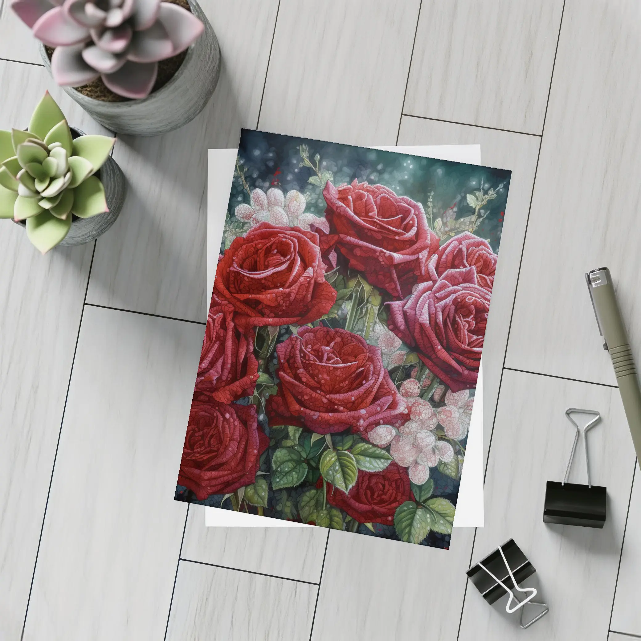 Red Roses Bouquet Dark Moody Floral Painting – Postcards