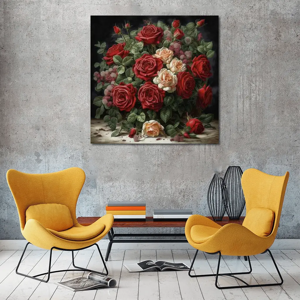Red and Cream Roses Dark Floral Painting – Wall Art