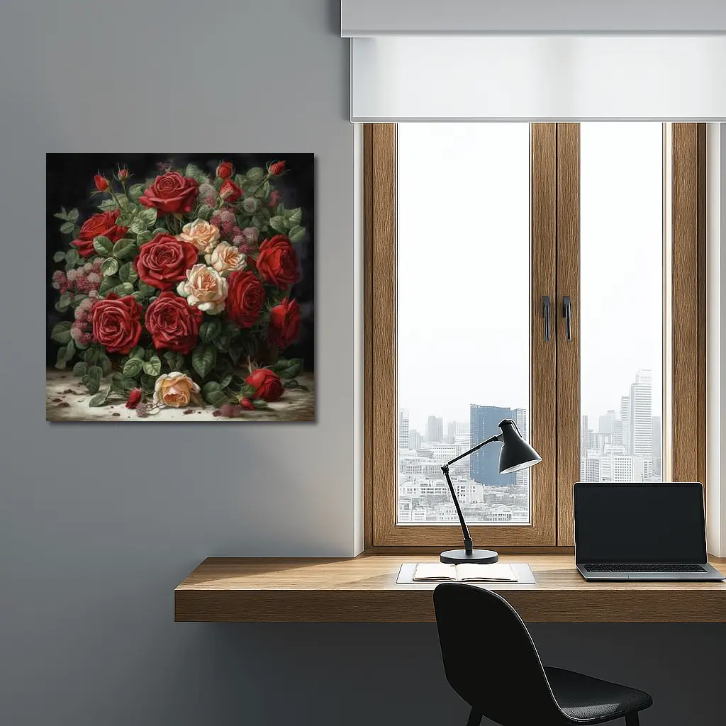 Red and Cream Roses Dark Floral Painting – Wall Art
