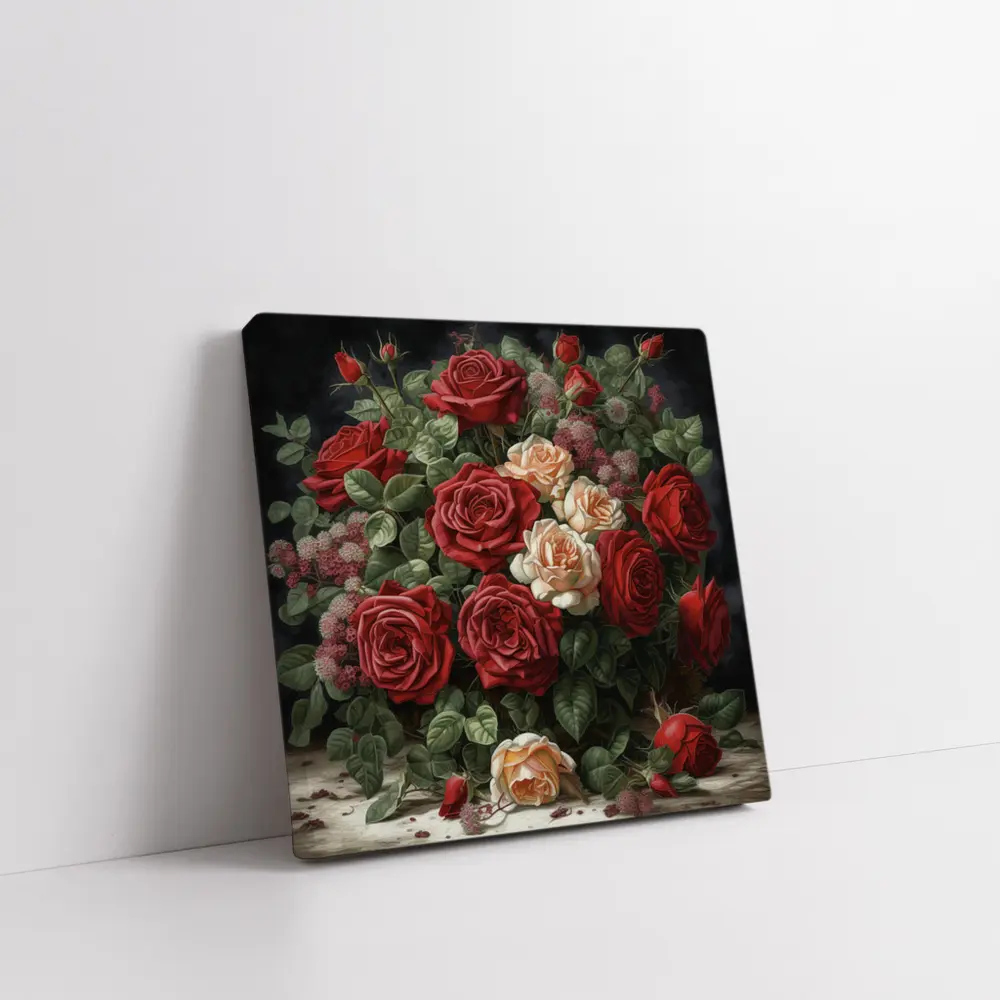 Red and Cream Roses Dark Floral Painting – Wall Art
