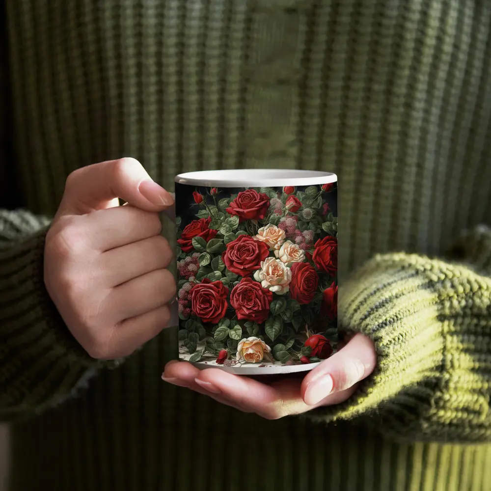 Red and Cream Roses Dark Floral Painting – Mugs