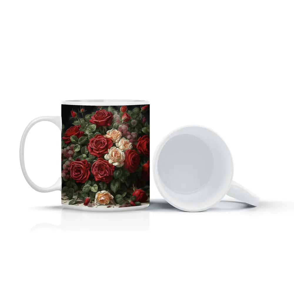 Red and Cream Roses Dark Floral Painting – Mugs