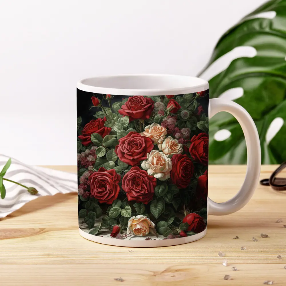 Red and Cream Roses Dark Floral Painting – Mugs