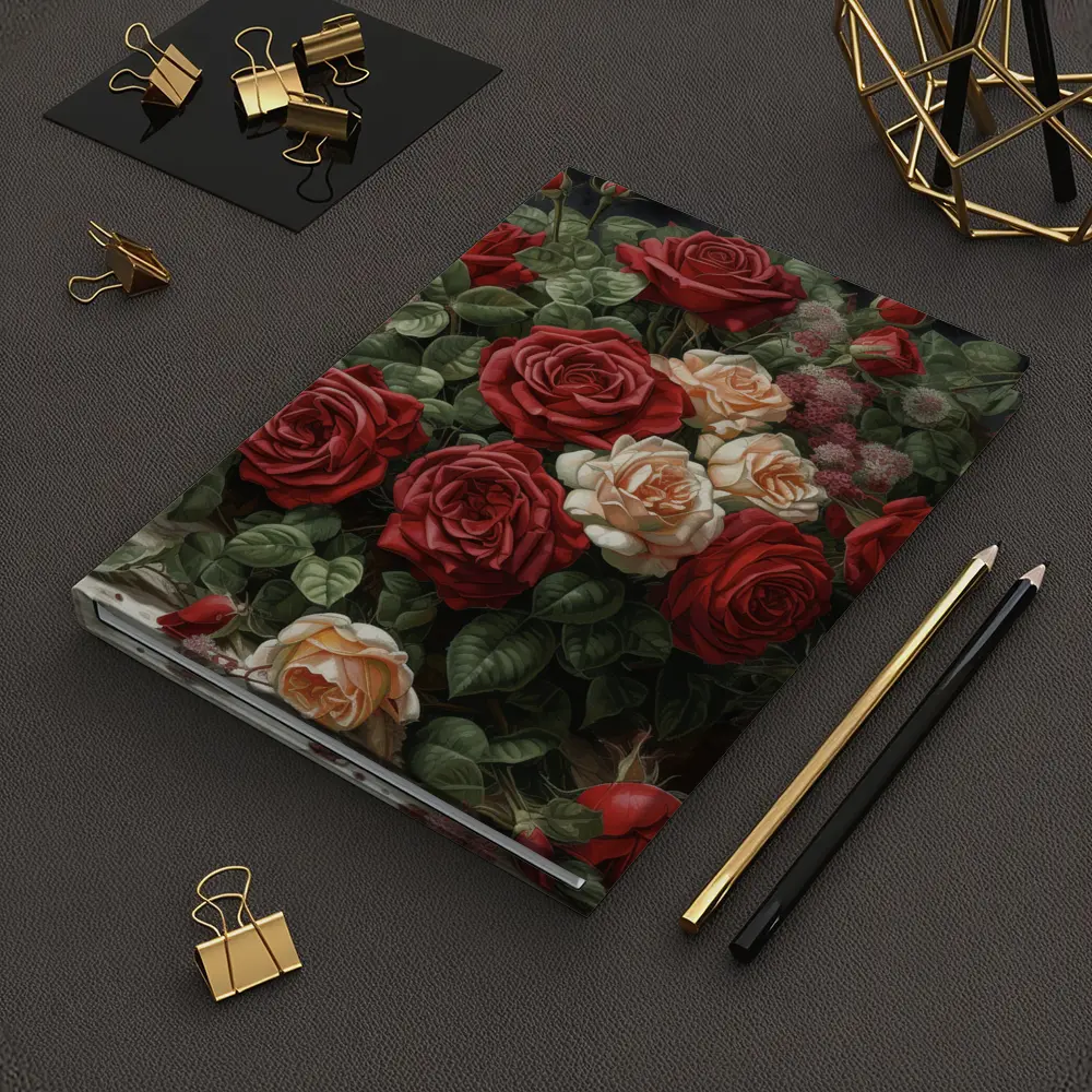 Red and Cream Roses Dark Floral Painting – Notebooks