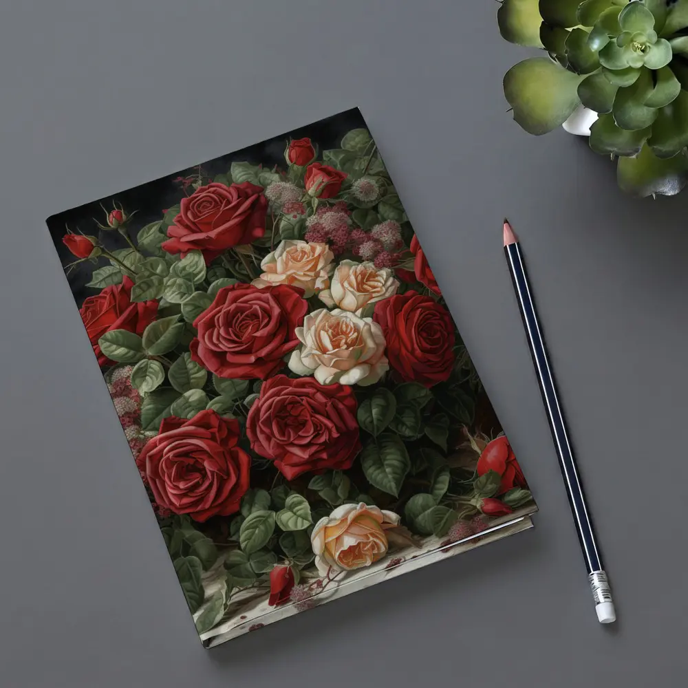 Red and Cream Roses Dark Floral Painting – Notebooks