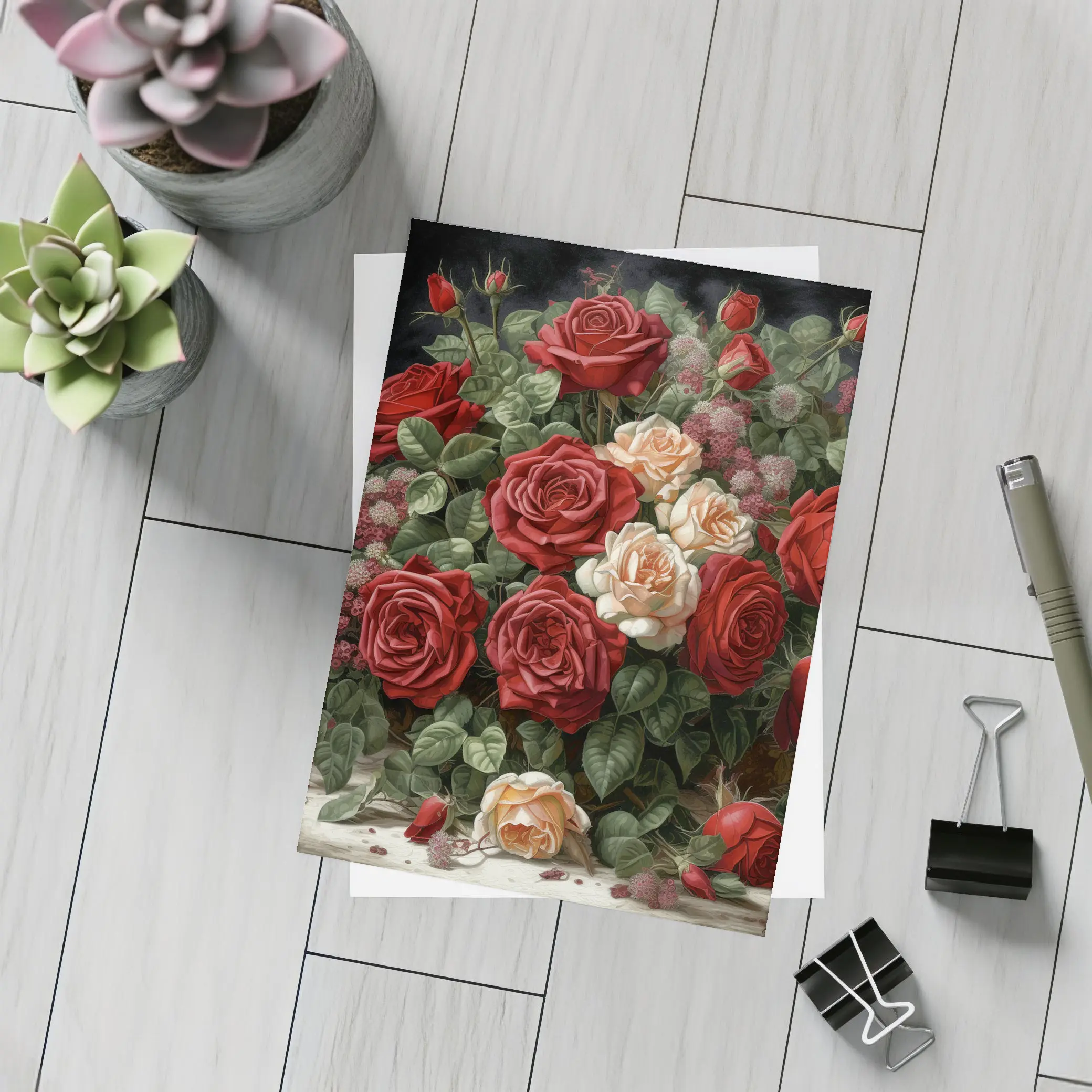 Red and Cream Roses Dark Floral Painting – Postcards