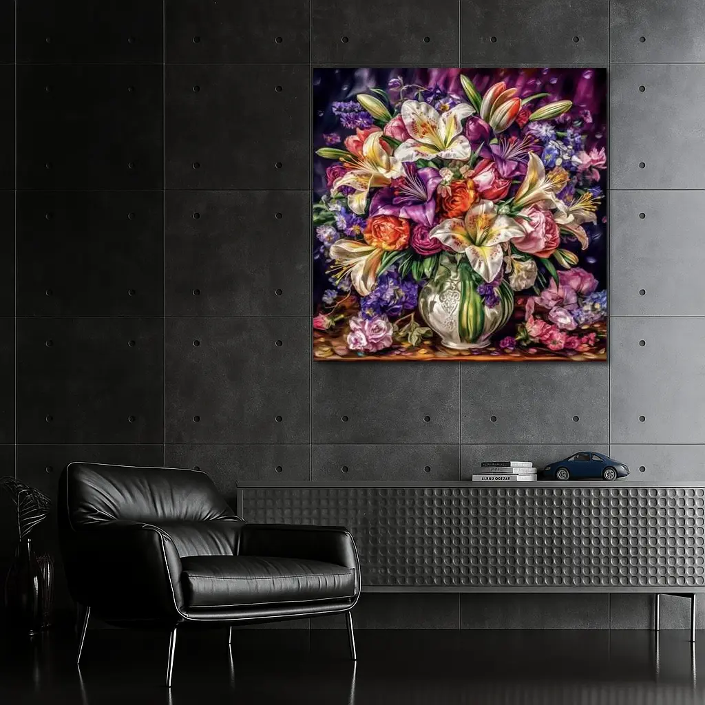 White Lilies Roses Bouquet Purple Background – Wall Art