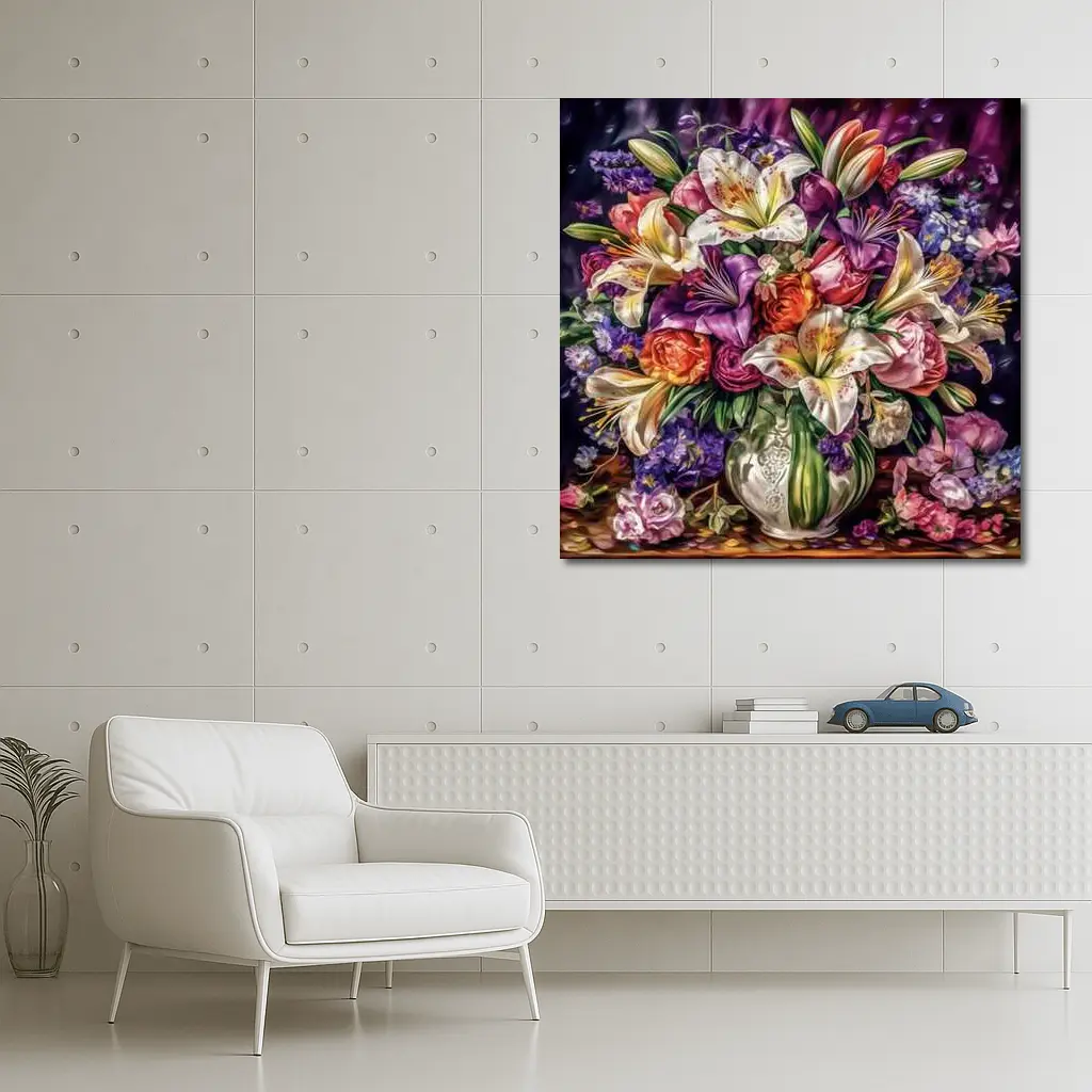 White Lilies Roses Bouquet Purple Background – Wall Art