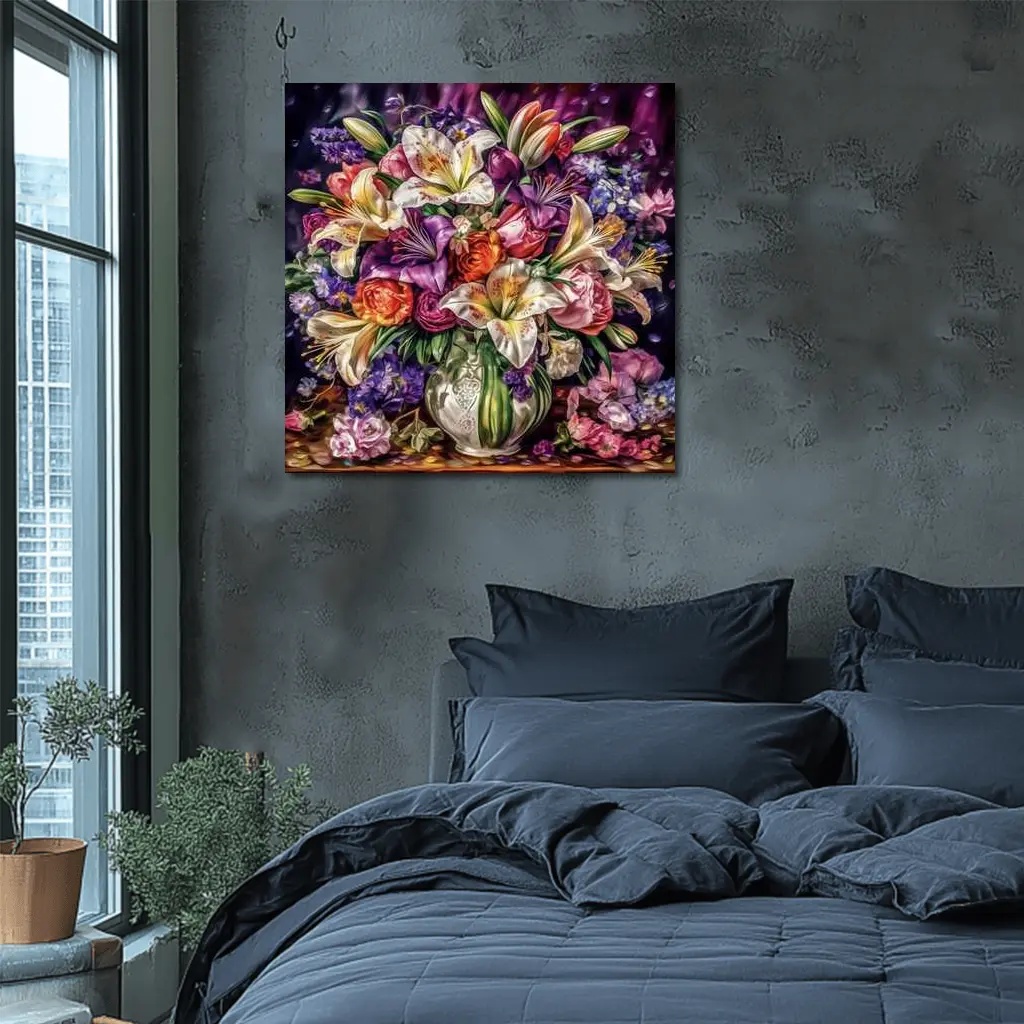 White Lilies Roses Bouquet Purple Background – Wall Art