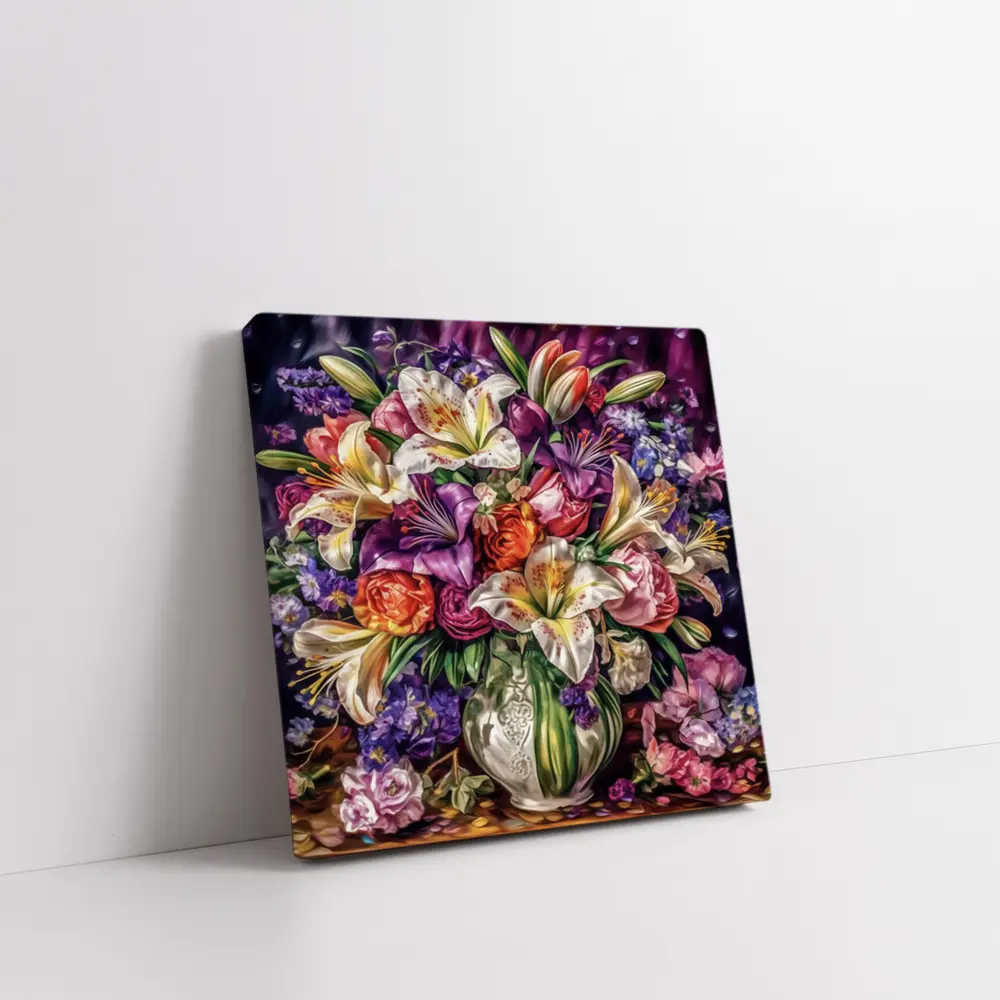 White Lilies Roses Bouquet Purple Background – Wall Art