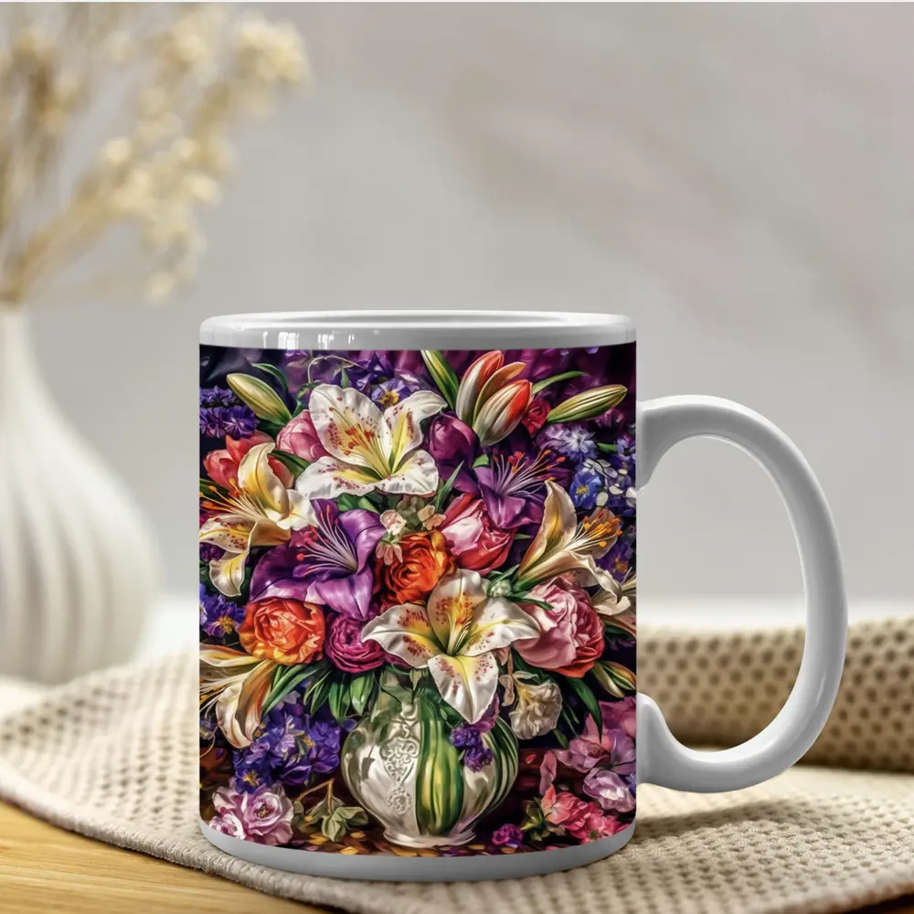 White Lilies Roses Bouquet Purple Background – Mugs