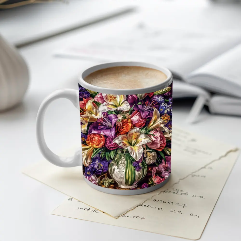 White Lilies Roses Bouquet Purple Background – Mugs
