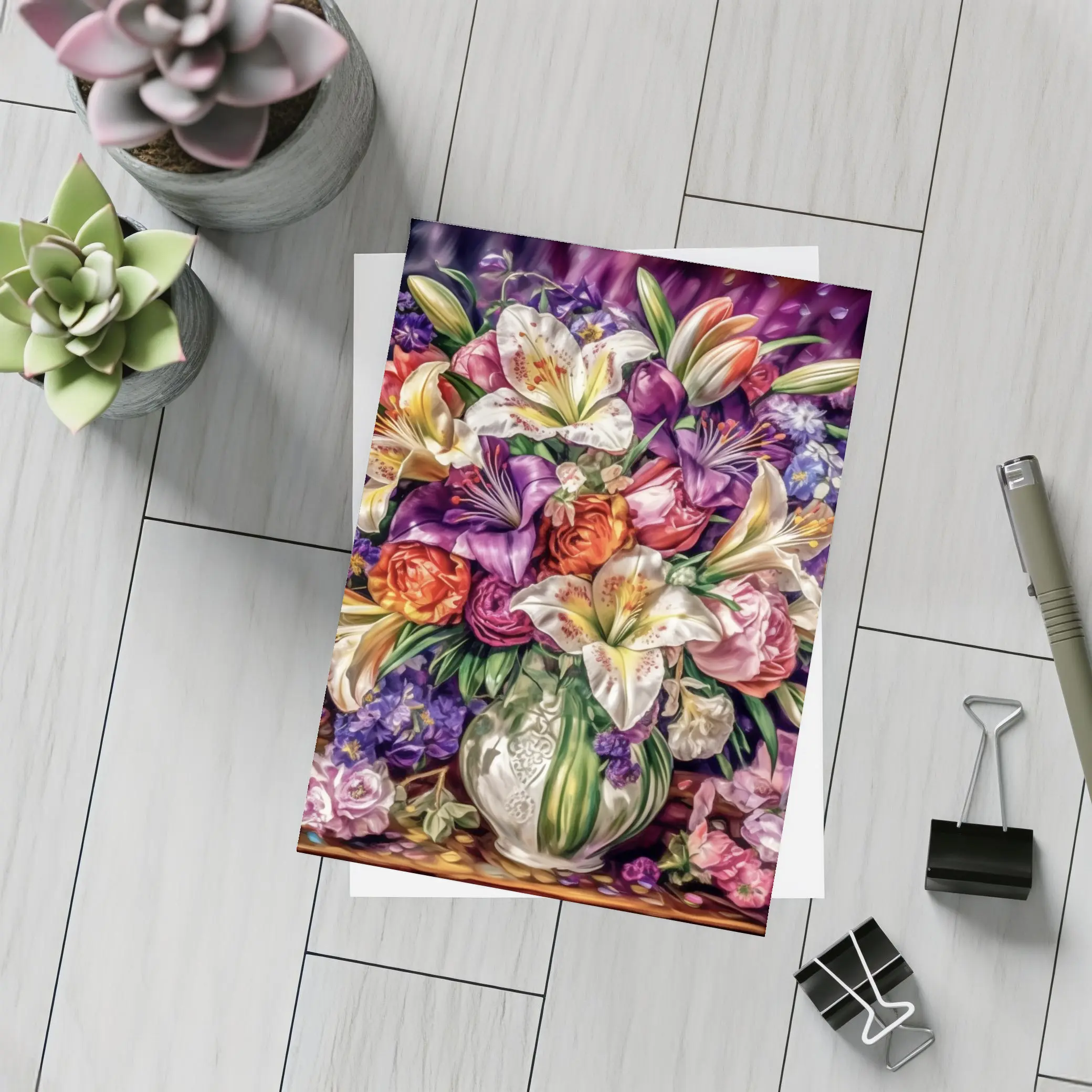 White Lilies Roses Bouquet Purple Background – Postcards