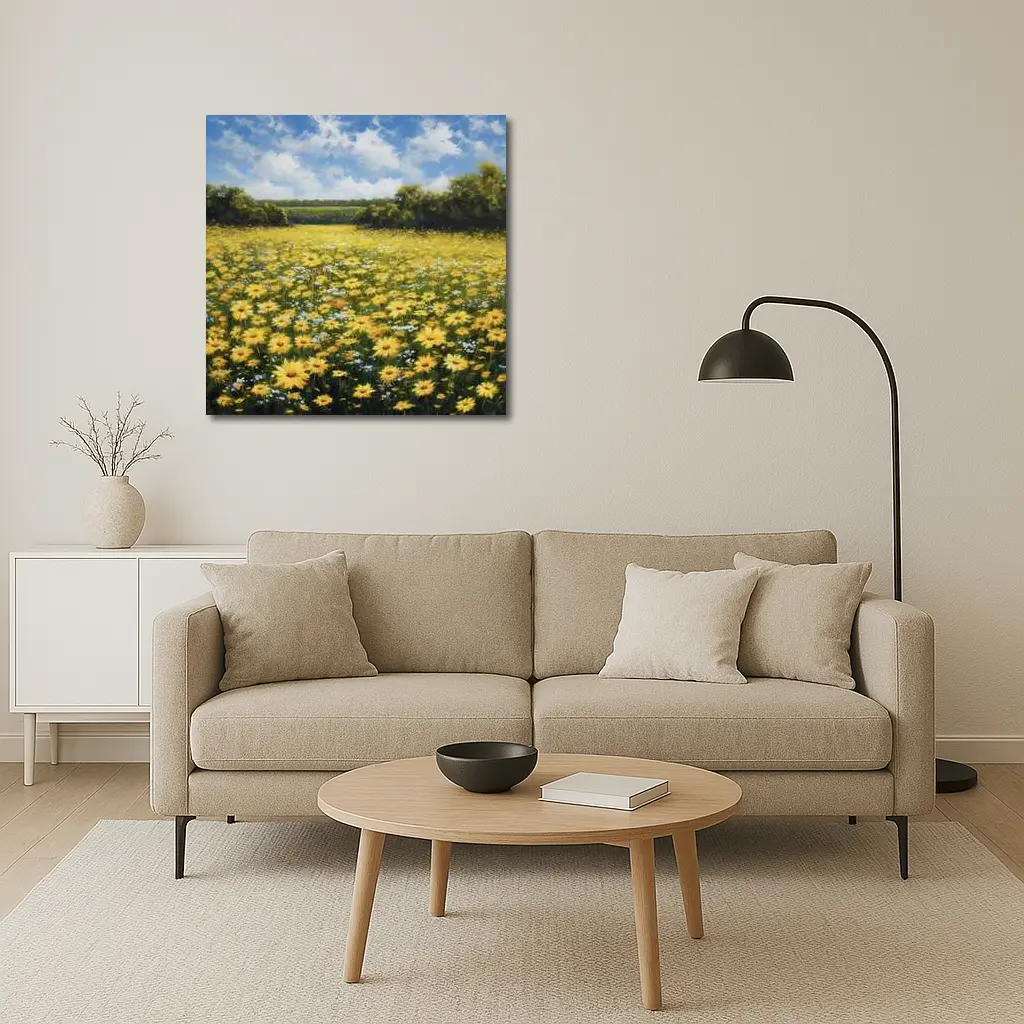Yellow Daisy Field Oil Painting Summer Landscape – Wall Art