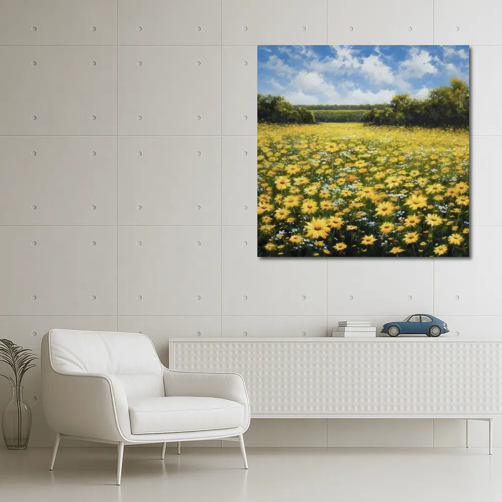 Yellow Daisy Field Oil Painting Summer Landscape – Wall Art