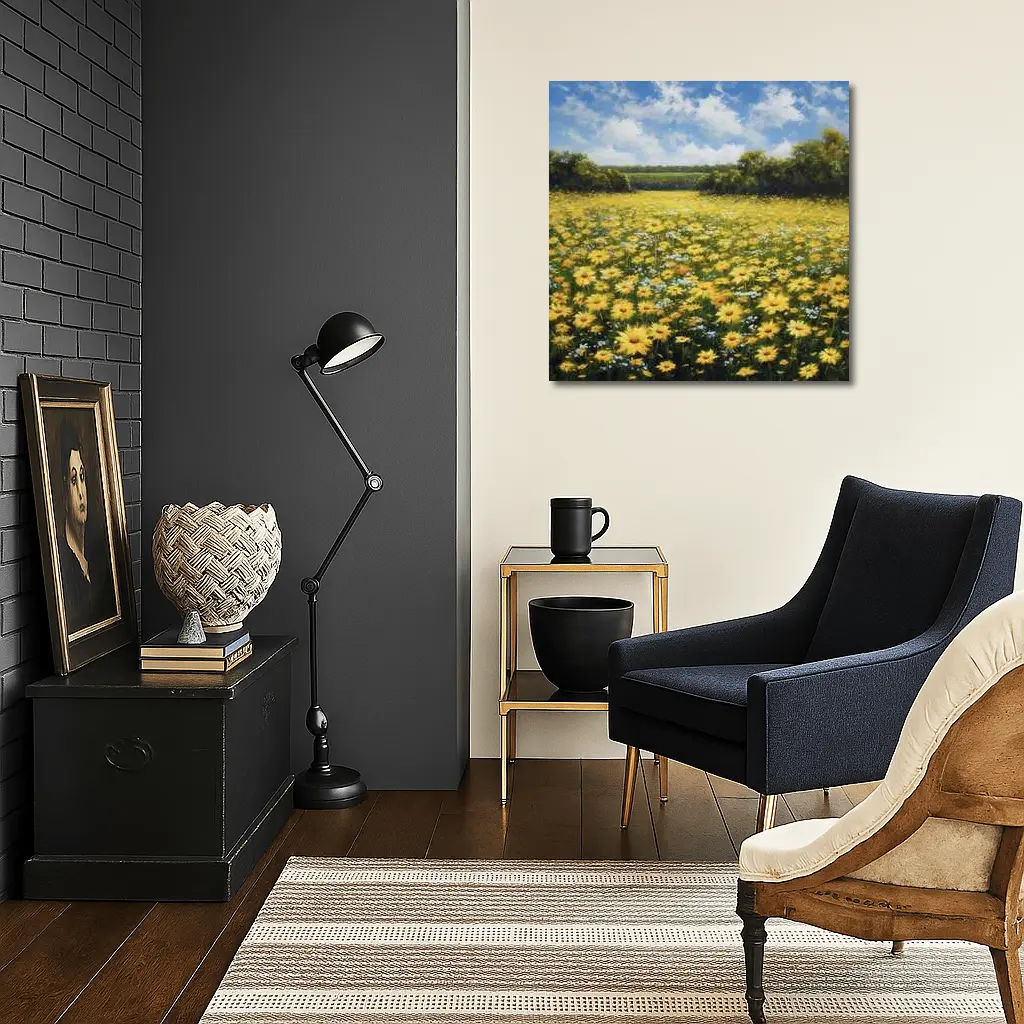 Yellow Daisy Field Oil Painting Summer Landscape – Wall Art