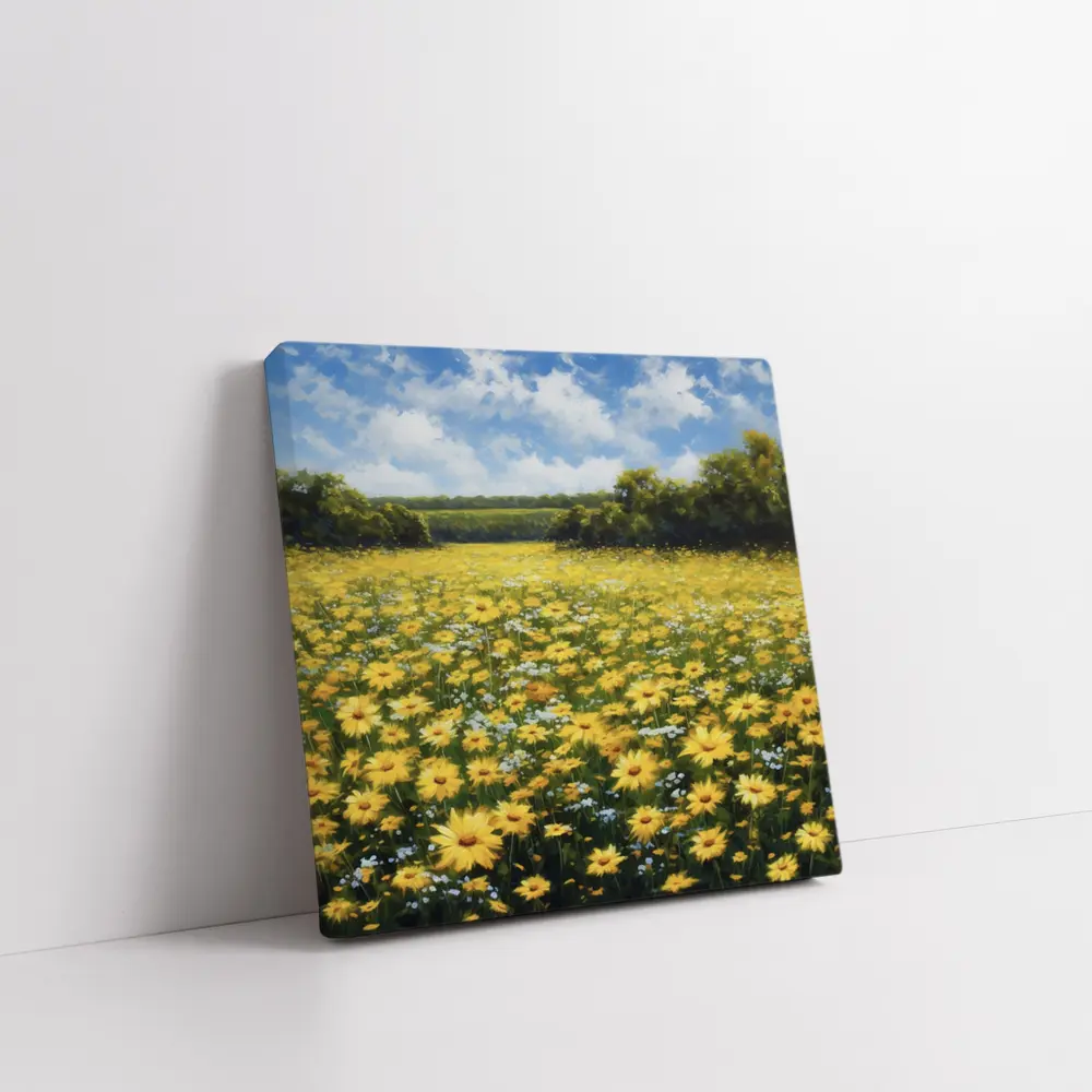 Yellow Daisy Field Oil Painting Summer Landscape – Wall Art