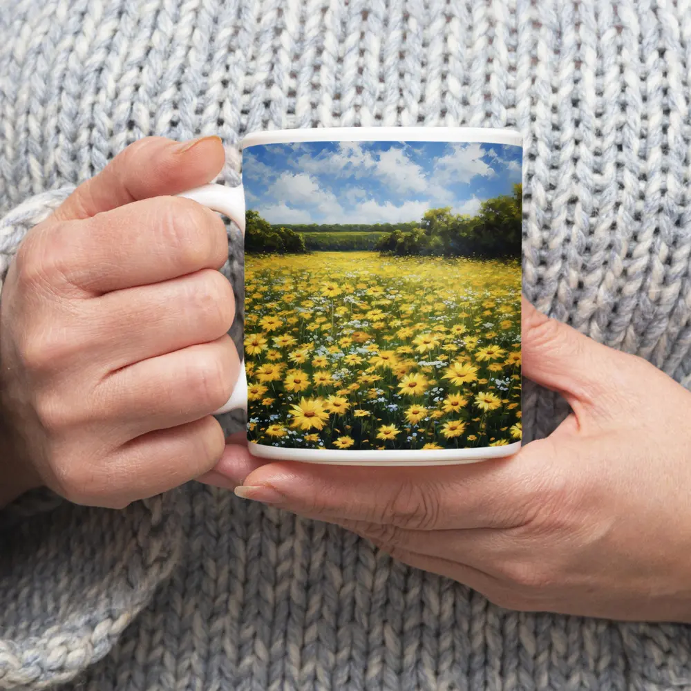 Yellow Daisy Field Oil Painting Summer Landscape – Mugs