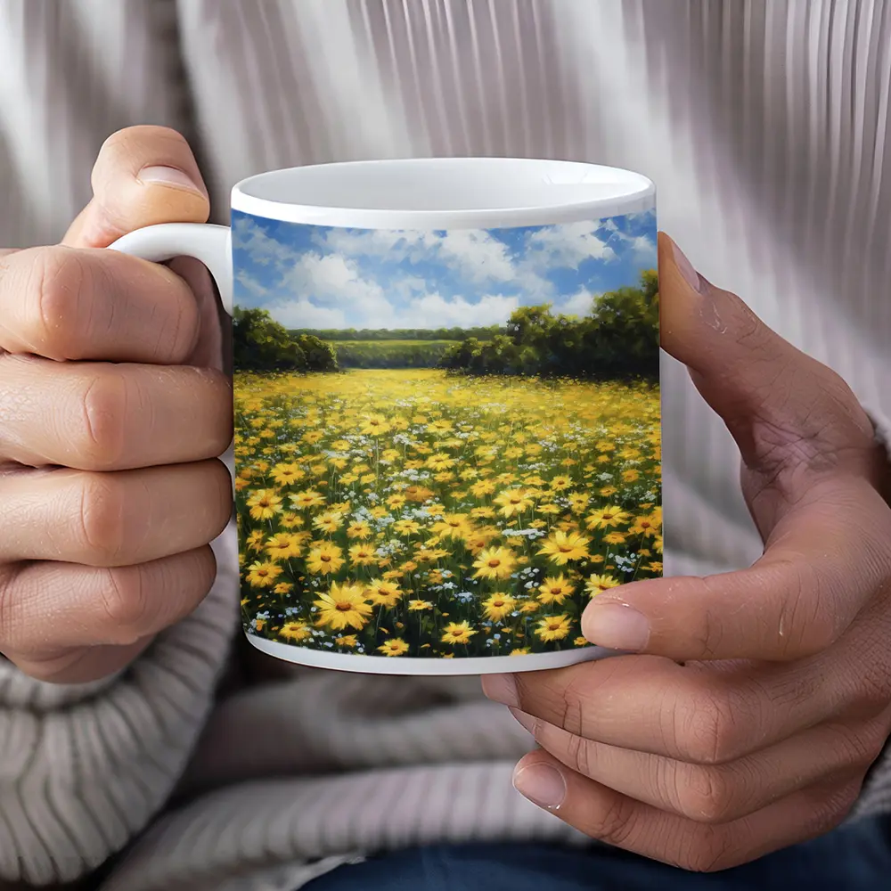 Yellow Daisy Field Oil Painting Summer Landscape – Mugs