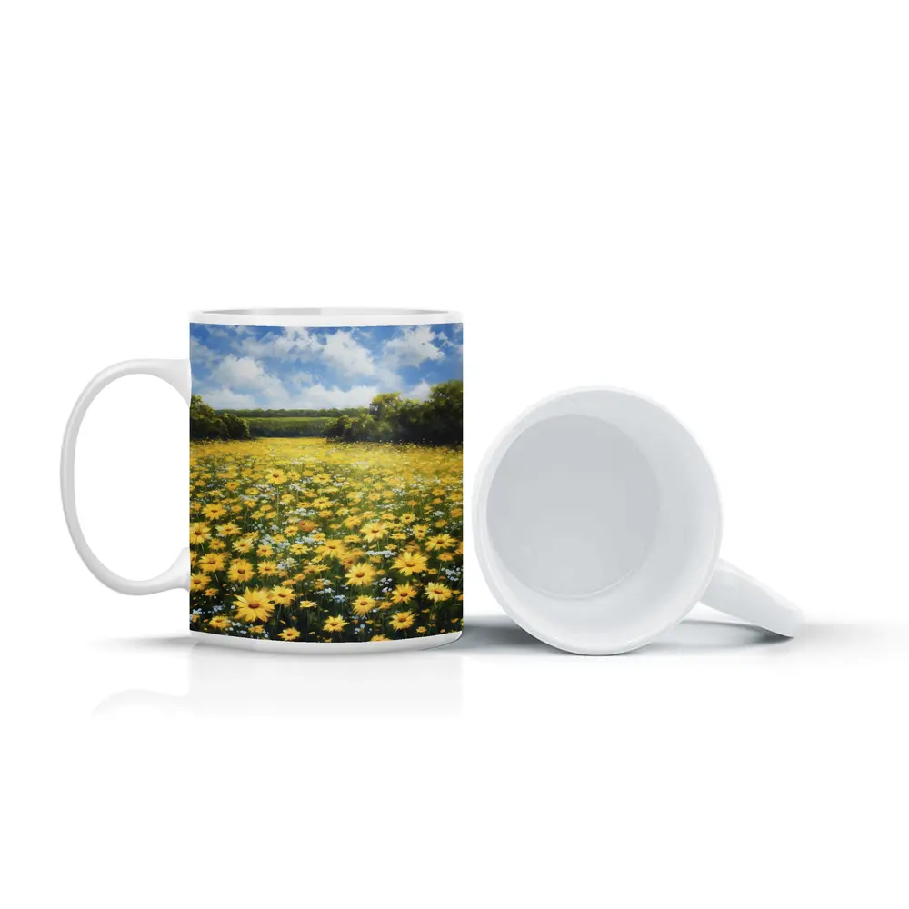 Yellow Daisy Field Oil Painting Summer Landscape – Mugs