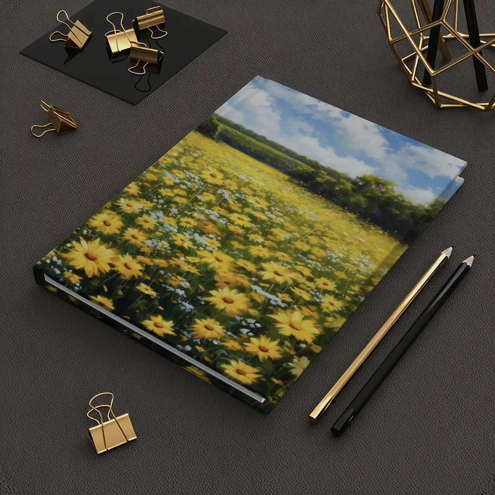 Yellow Daisy Field Oil Painting Summer Landscape – Notebooks