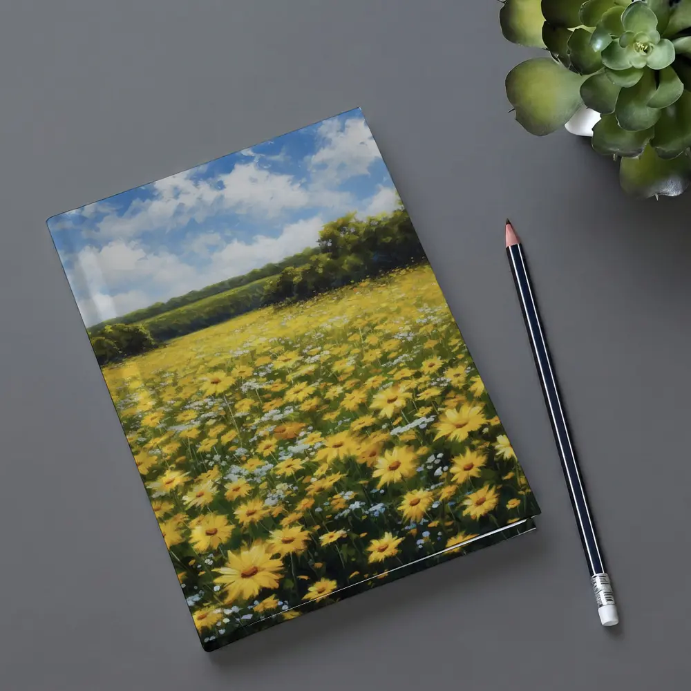 Yellow Daisy Field Oil Painting Summer Landscape – Notebooks