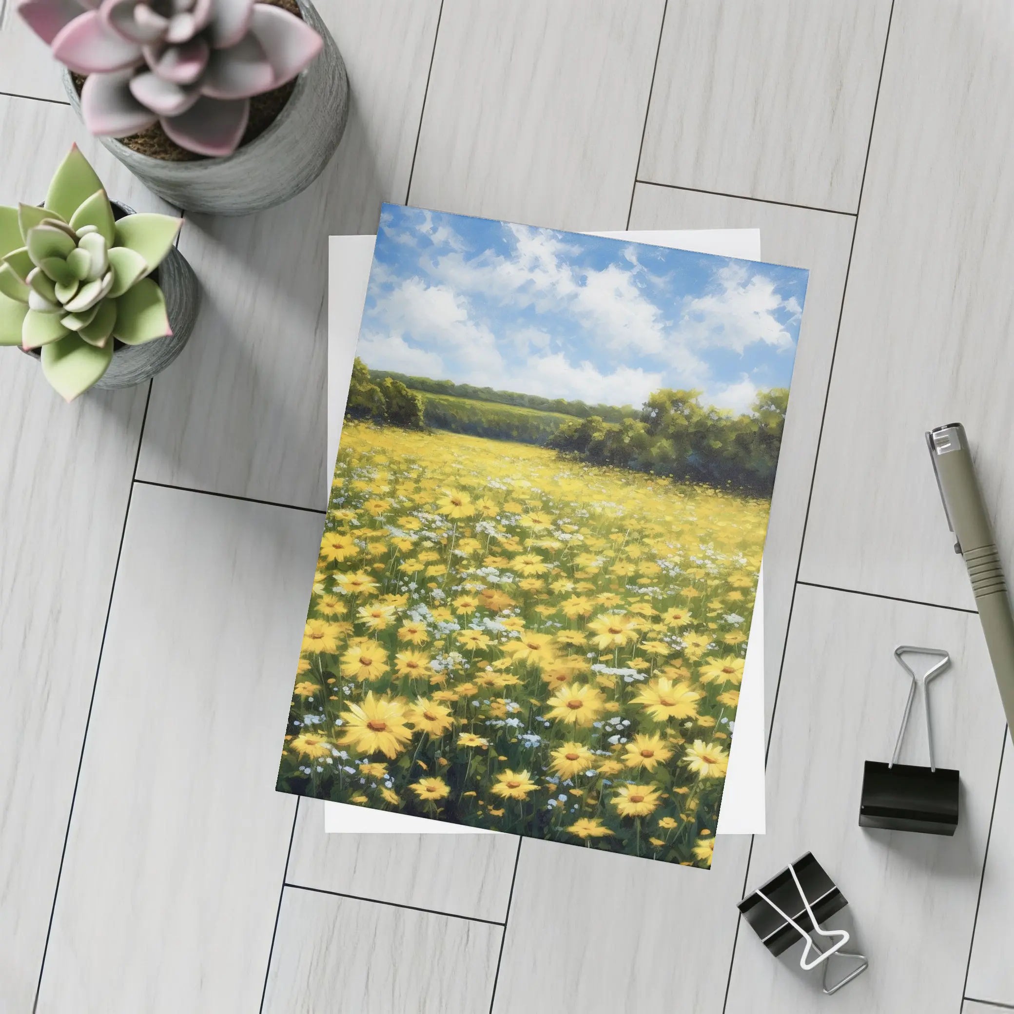 Yellow Daisy Field Oil Painting Summer Landscape – Postcards