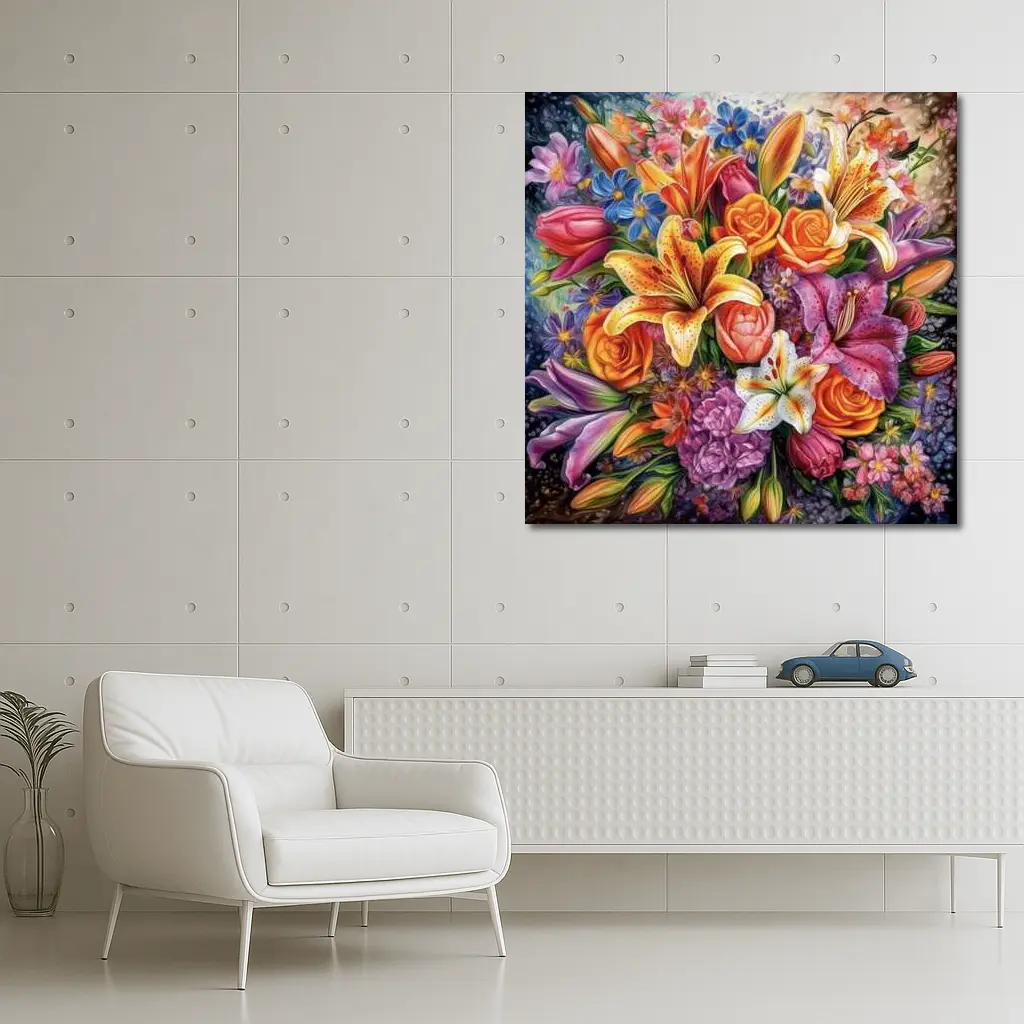 Colorful Lilies Roses Bouquet Floral Painting – Wall Art