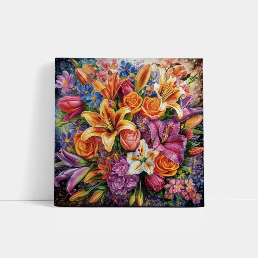 Colorful Lilies Roses Bouquet Floral Painting – Wall Art