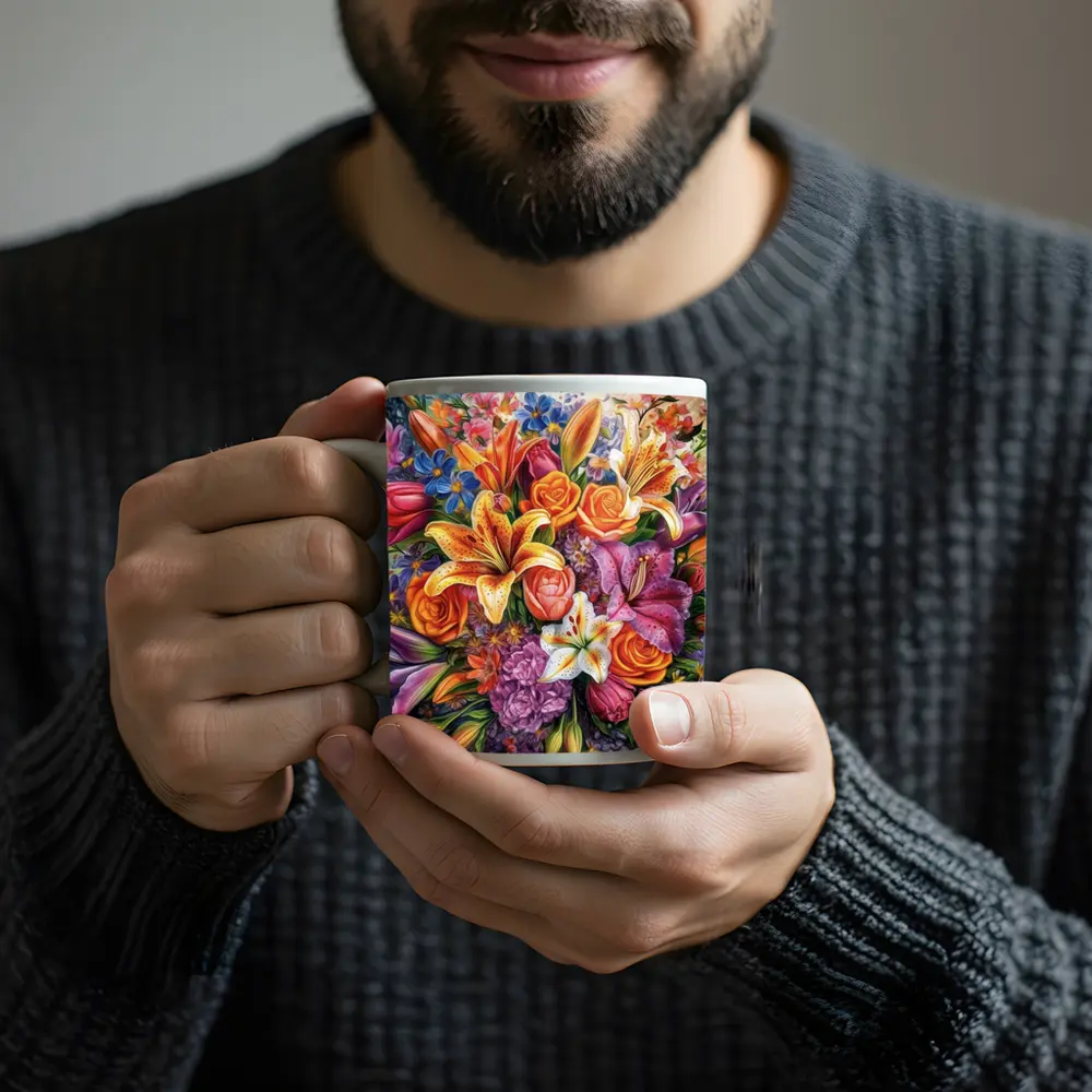 Colorful Lilies Roses Bouquet Floral Painting – Mugs