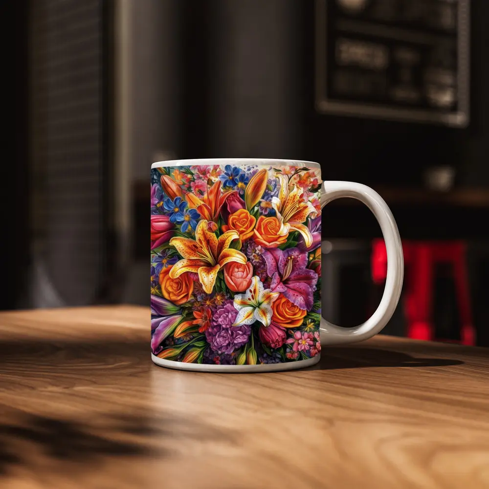Colorful Lilies Roses Bouquet Floral Painting – Mugs