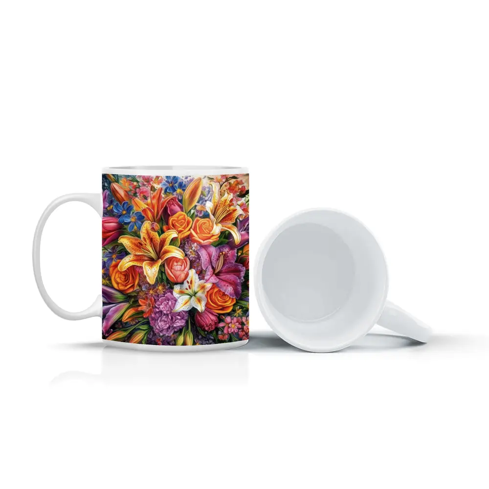 Colorful Lilies Roses Bouquet Floral Painting – Mugs