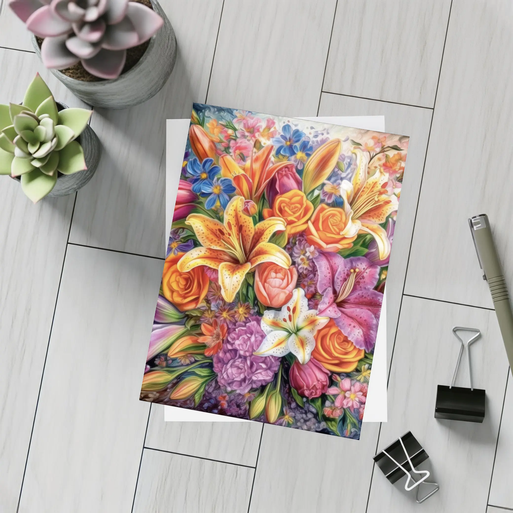 Colorful Lilies Roses Bouquet Floral Painting – Postcards