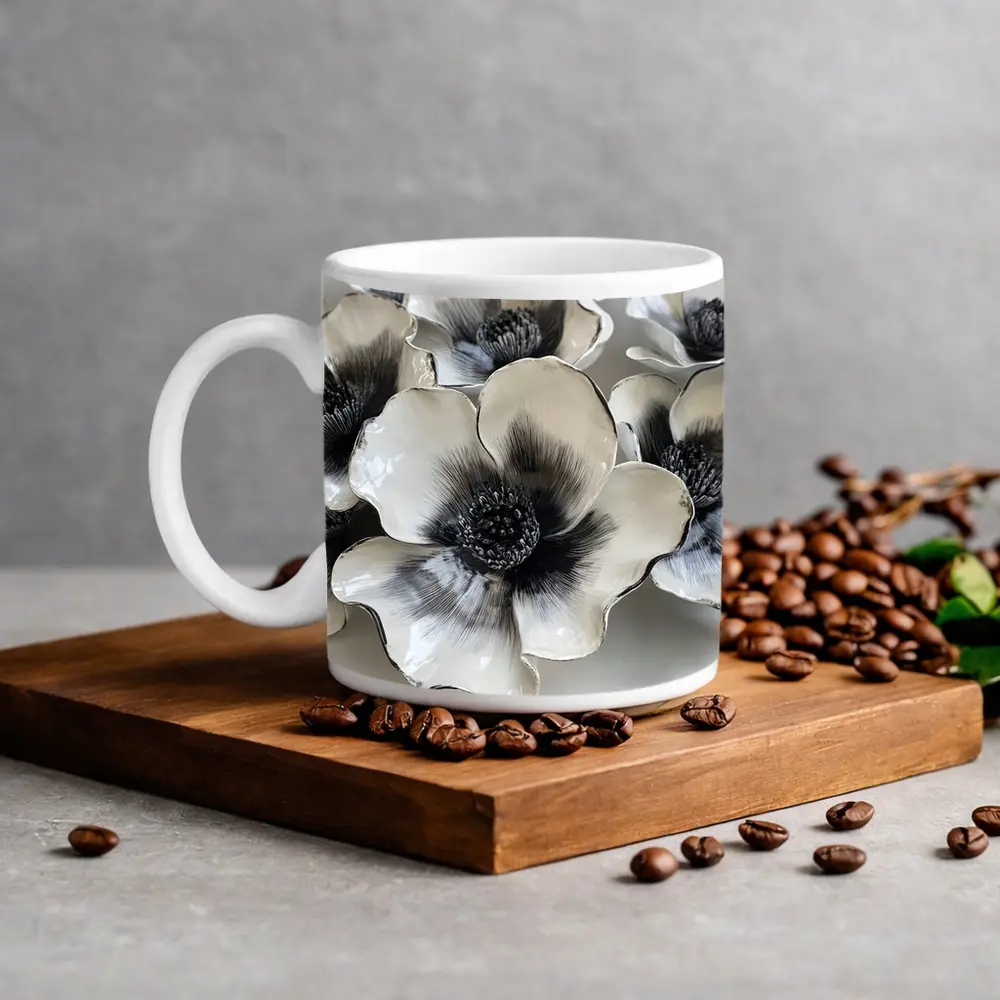 Black White Anemone Ceramic Flowers Wall Art – Mugs
