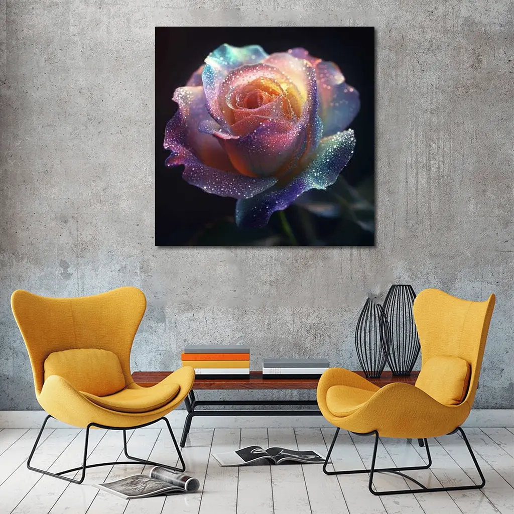 Rainbow Rose Glitter Drops Dark Background – Wall Art