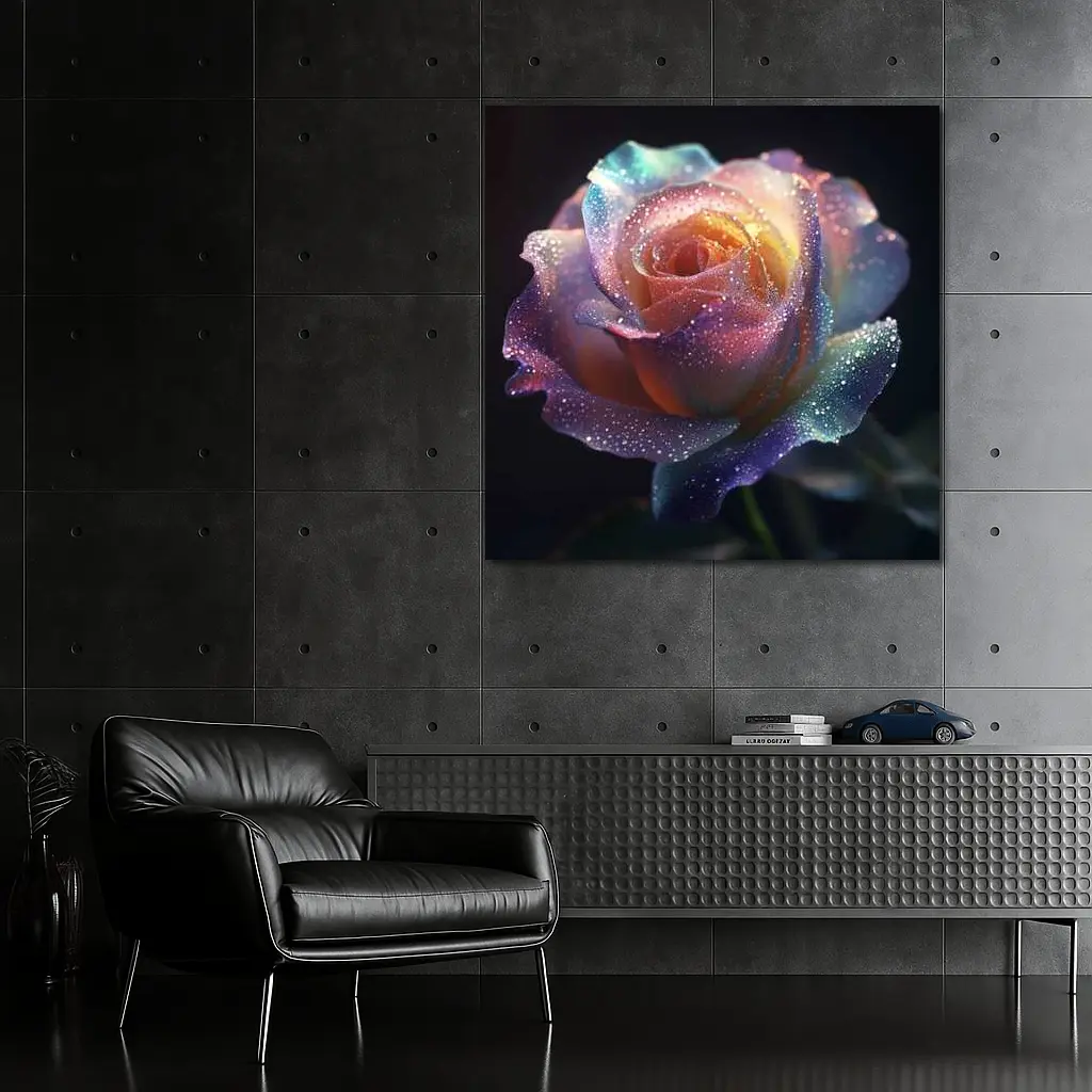 Rainbow Rose Glitter Drops Dark Background – Wall Art