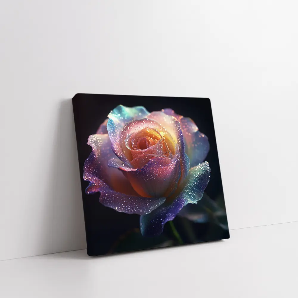 Rainbow Rose Glitter Drops Dark Background – Wall Art
