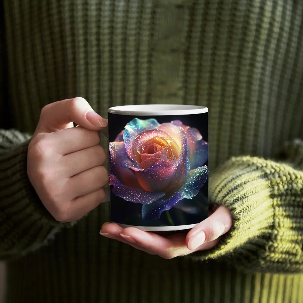 Rainbow Rose Glitter Drops Dark Background – Mugs